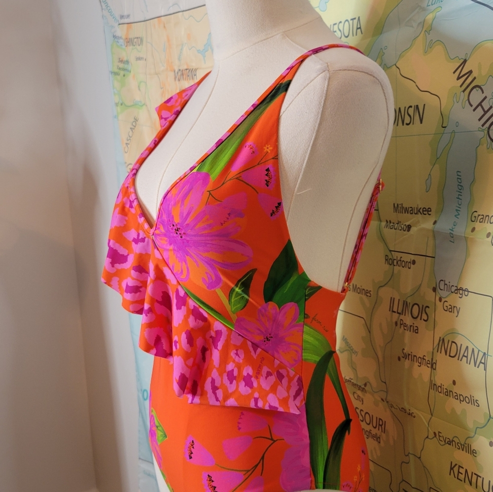 NWT Farm Rio Tropical Print With Ruffle One Piece Swimsute Size S - Picture 3 of 14